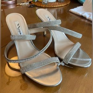 Nina | Silver Satin Crystal Rhinestone High Heel Leg-Wrap Sandal
